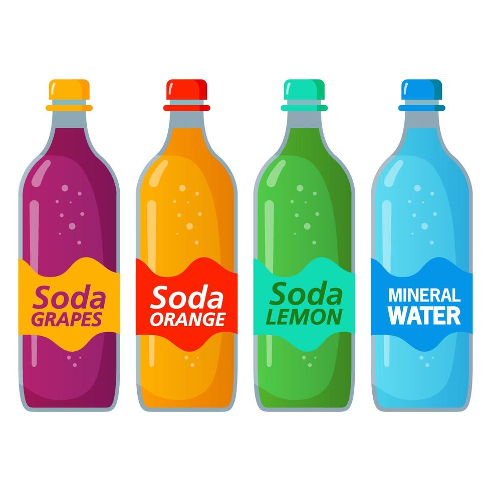 soda de agua dulce con gas.bebida suave de naranja y limón, mineral y uva dulce carbonatada de botella de vidrio.conjunto de botellas de plástico.iconos vectoriales de ilustración plana. vector