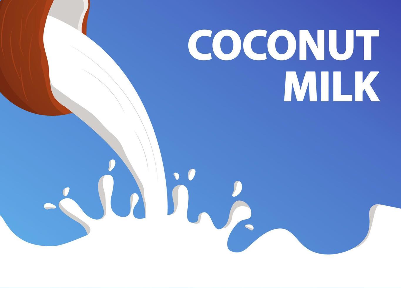 Coconut milk splash on blue background.Non dairy vegan food and drink.Horizontal banner flat illustration vector.Vegetable milk. vector