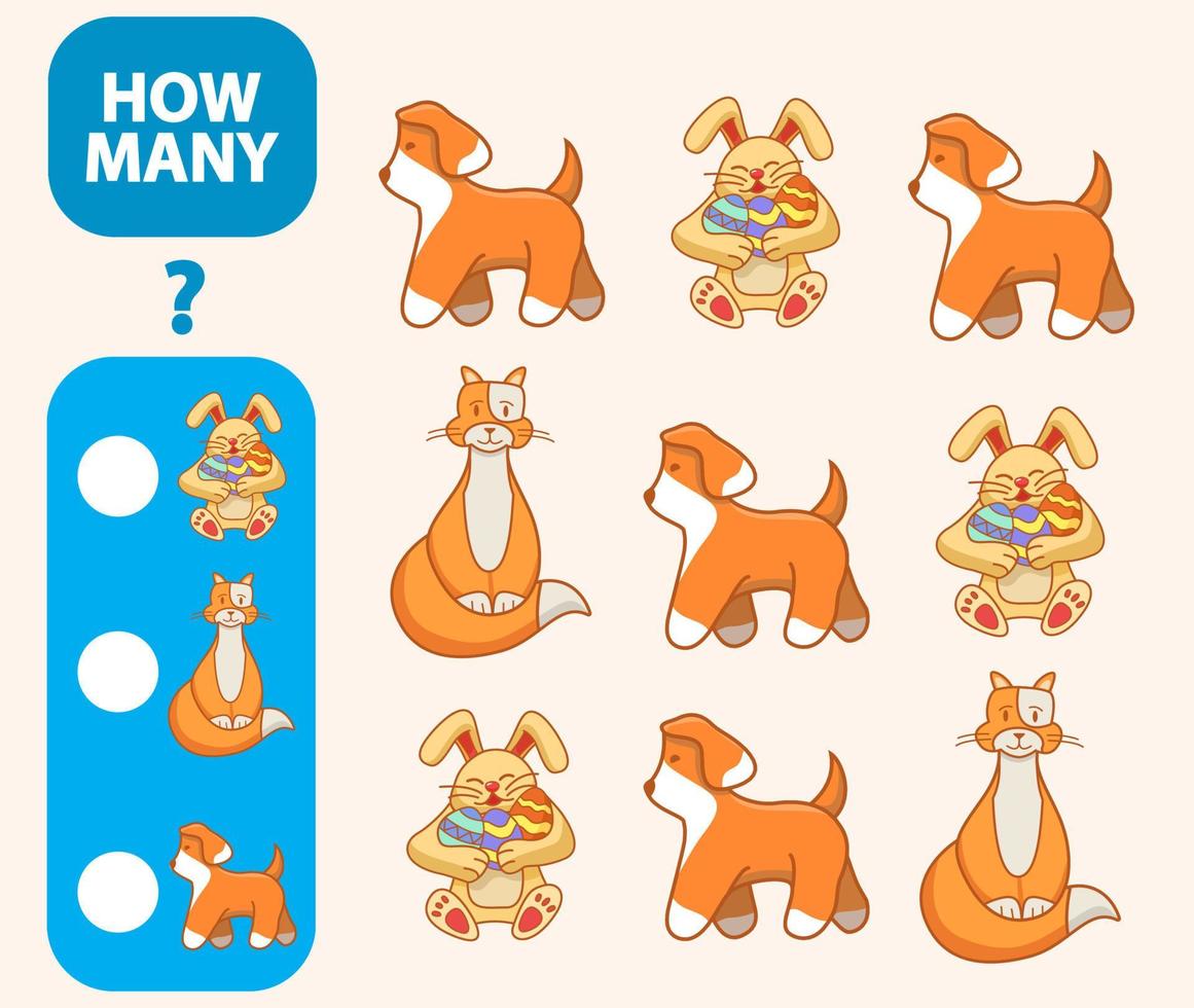 Count how many cats,hares,dogs is educational game. Maths task development of logical thinking of children.Counting cat games for preschool kids.Easter rabbit with eggs.Flat animal character vector