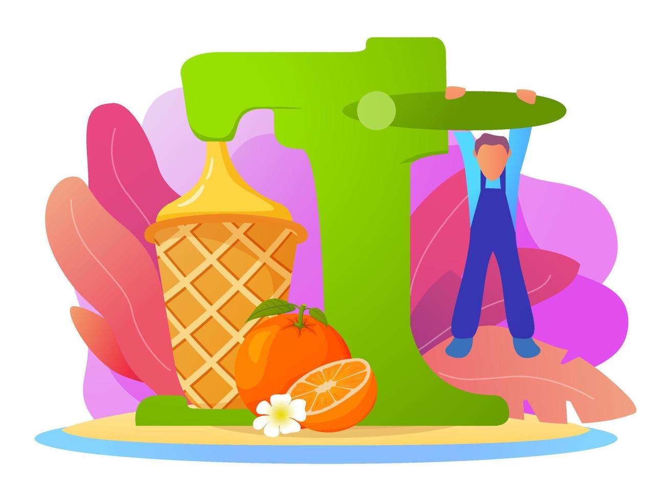 waffle cup orange ice cream machine.personaje de dibujos animados trabajador de la fábrica de helados. postre de cítricos congelados tropicales.ilustración plana vectorial.delicioso yogur helado. vector