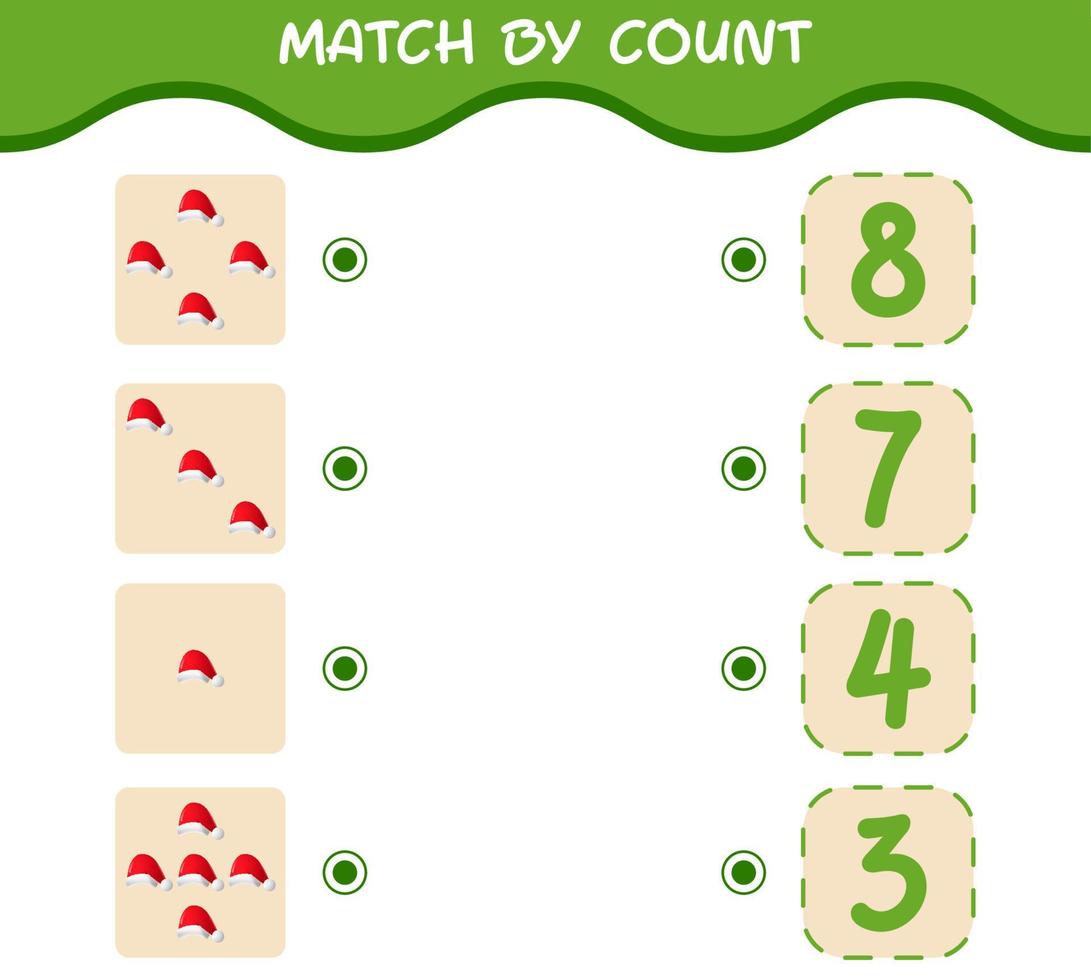 Match by count of cartoon santa hat. Match and count game. Educational game for pre shool years kids and toddlers vector