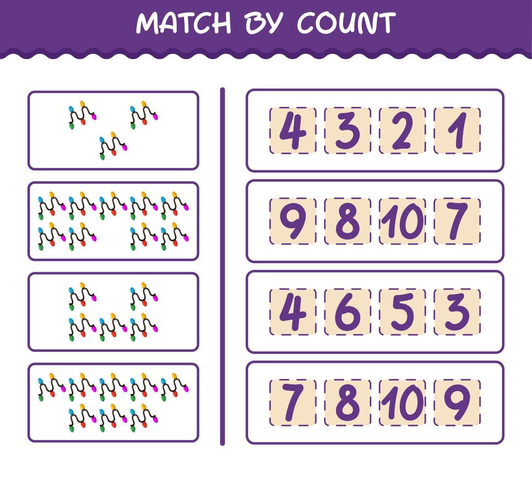 Match by count of cartoon string light. Match and count game. Educational game for pre shool years kids and toddlers vector