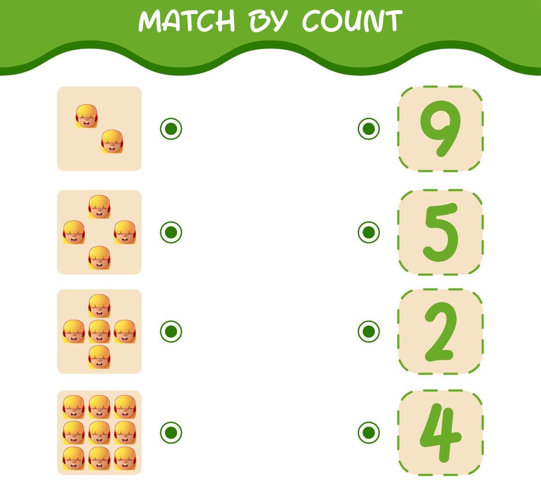 Match by count of cartoon girls. Match and count game. Educational game for pre shool years kids and toddlers vector