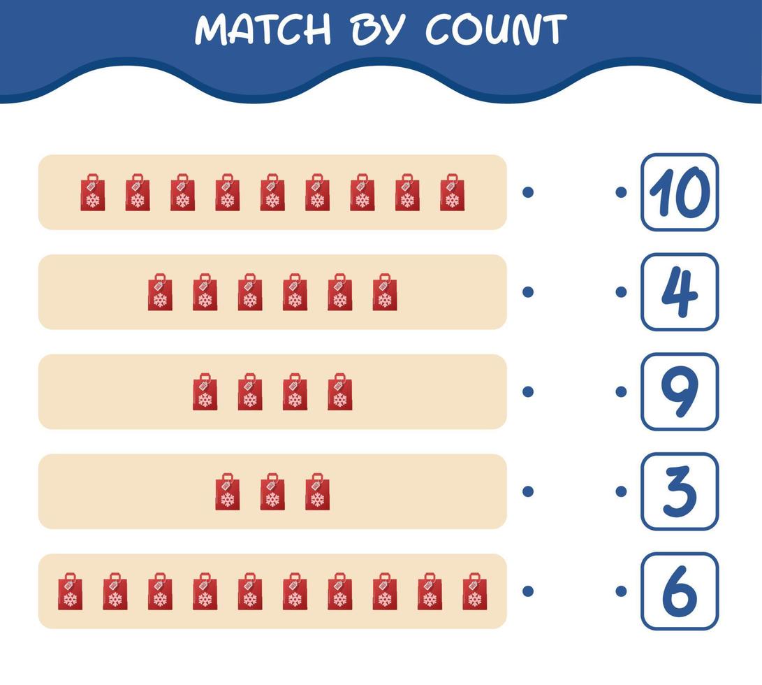 Match by count of cartoon paperbag. Match and count game. Educational game for pre shool years kids and toddlers vector