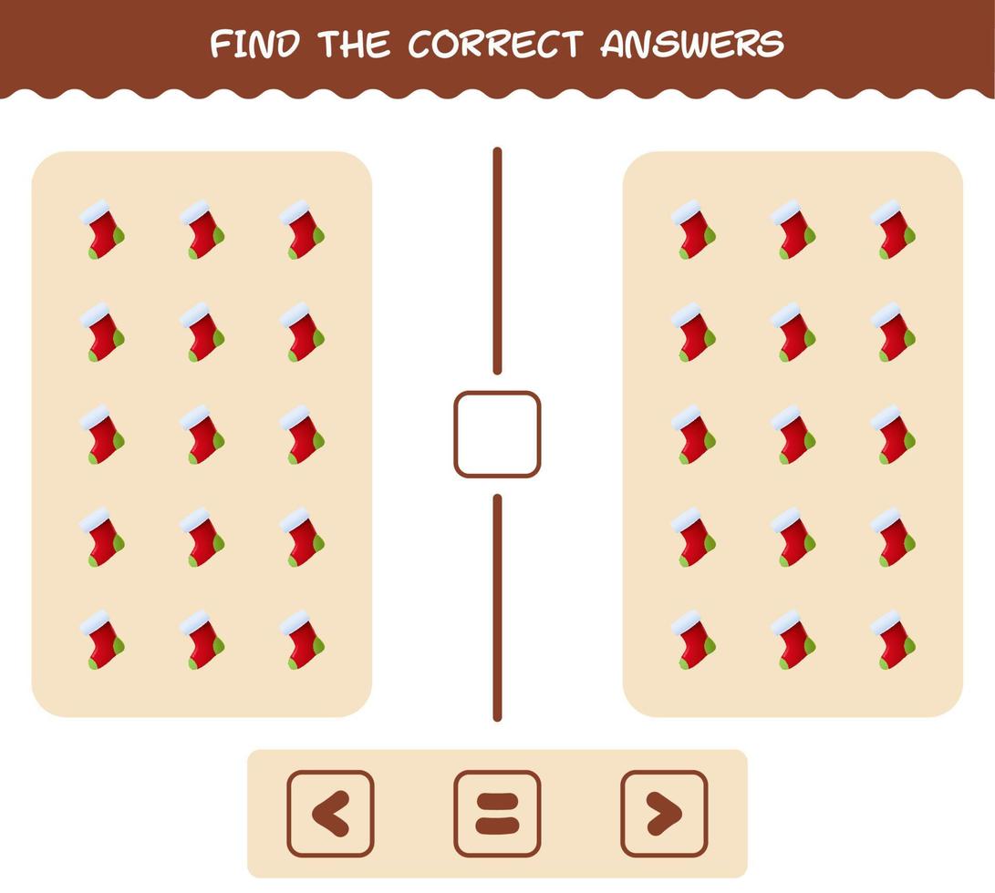 encuentra las respuestas correctas del calcetín de dibujos animados. Juego de buscar y contar. juego educativo para niños de edad preescolar y niños pequeños vector