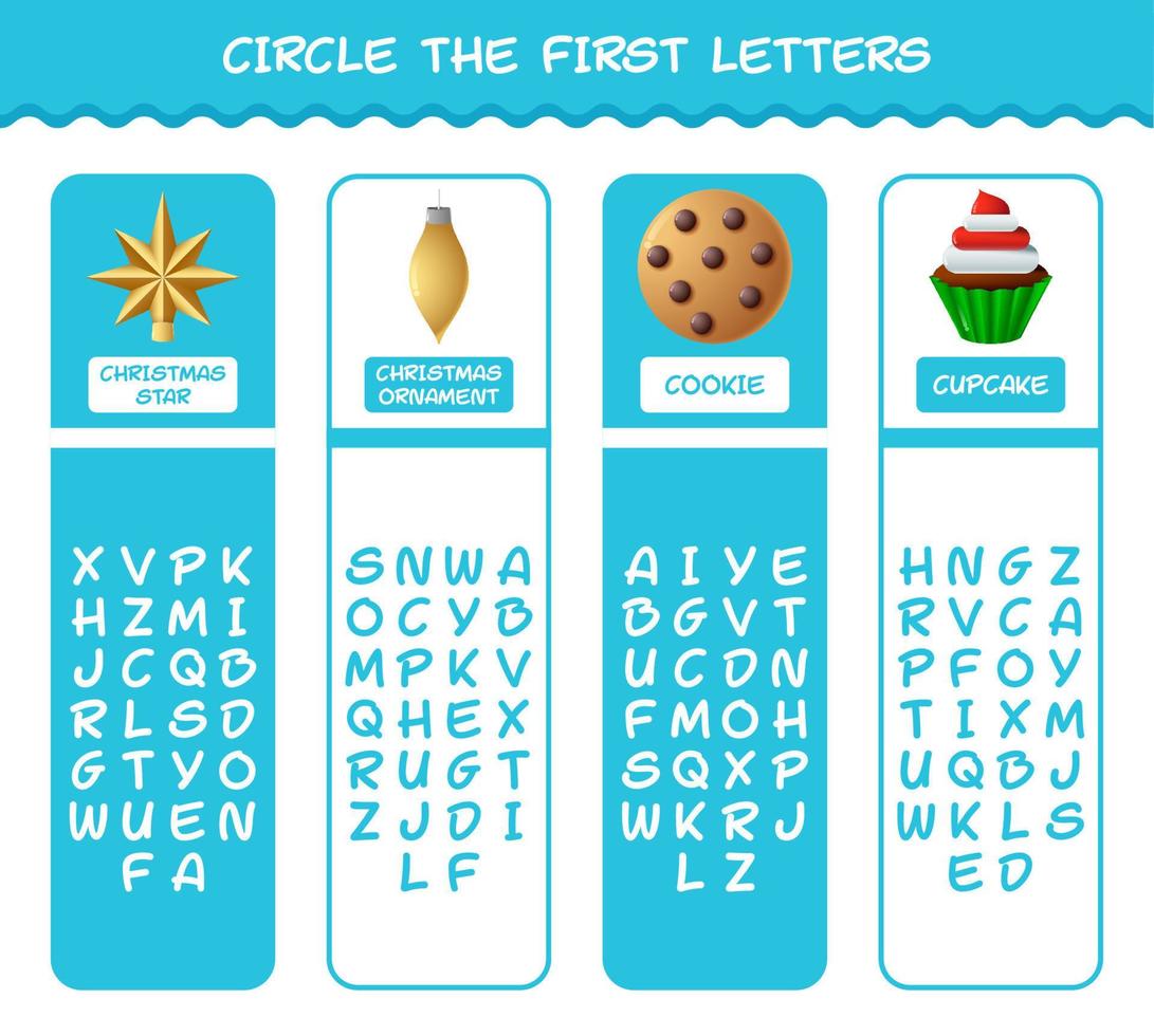 Circle the first letters of cartoon christmas. Matching game. Educational game for pre shool years kids and toddlers vector