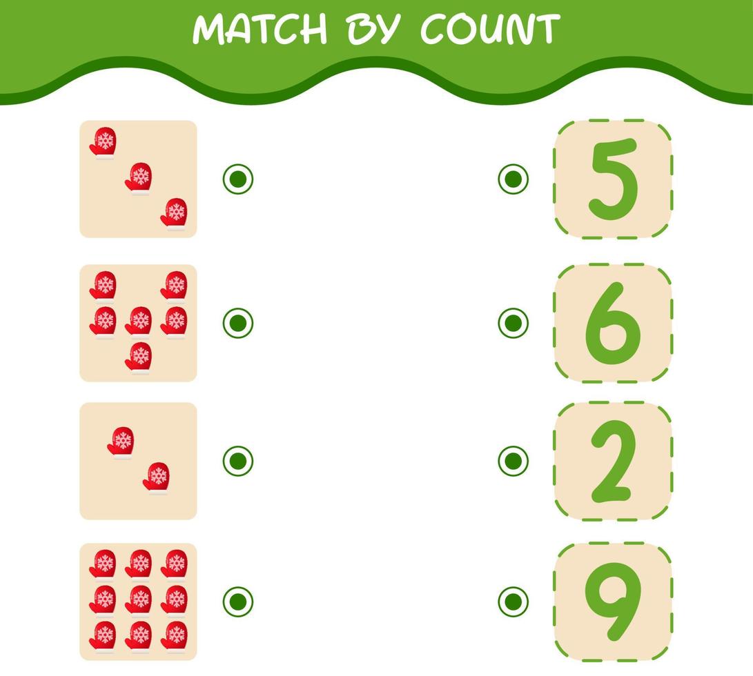 Match by count of cartoon mitten. Match and count game. Educational game for pre shool years kids and toddlers vector