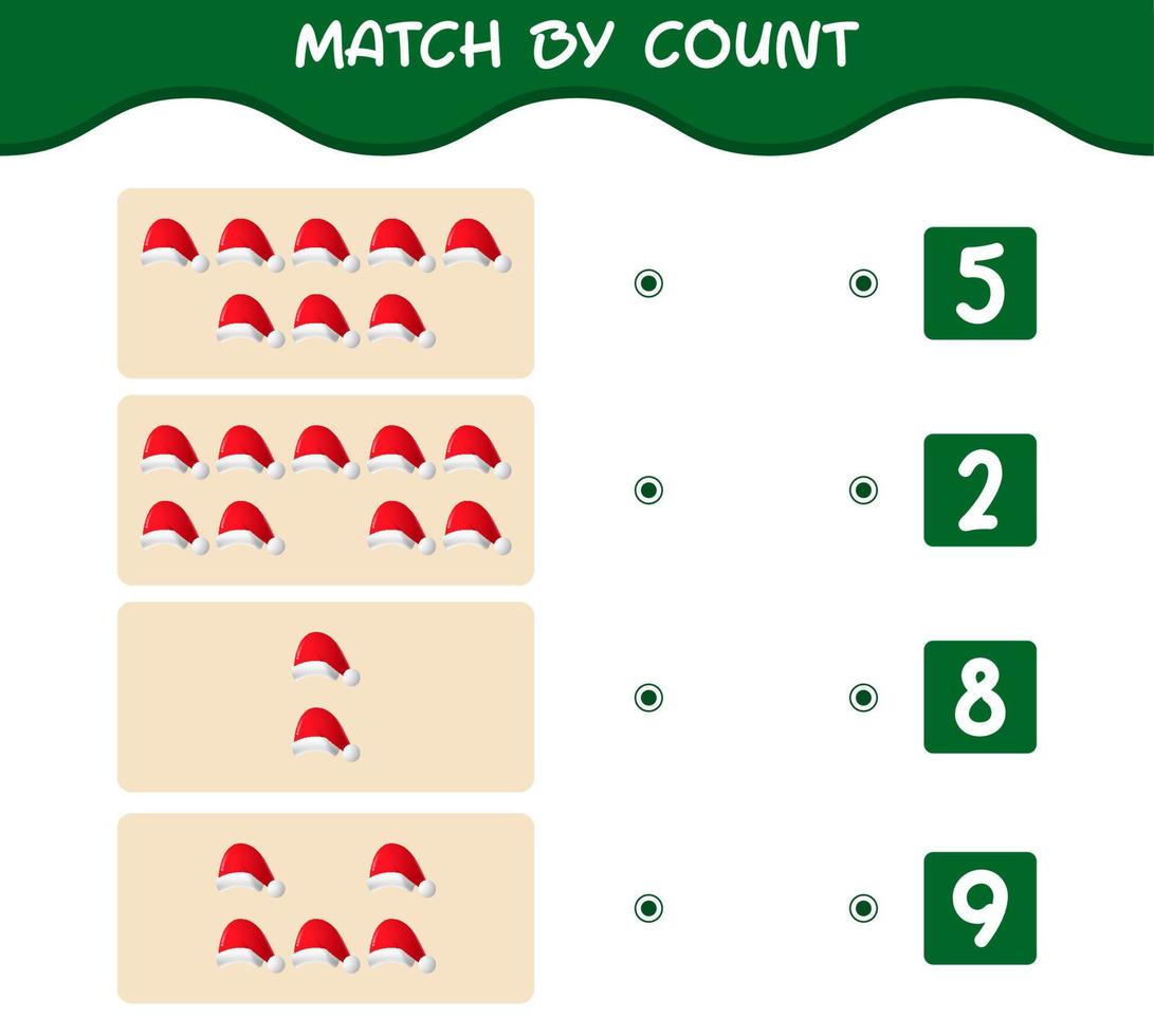 Match by count of cartoon santa hat. Match and count game. Educational game for pre shool years kids and toddlers vector