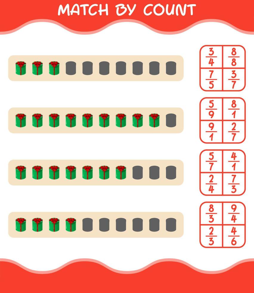 Match by count of cartoon gift box. Match and count game. Educational game for pre shool years kids and toddlers vector