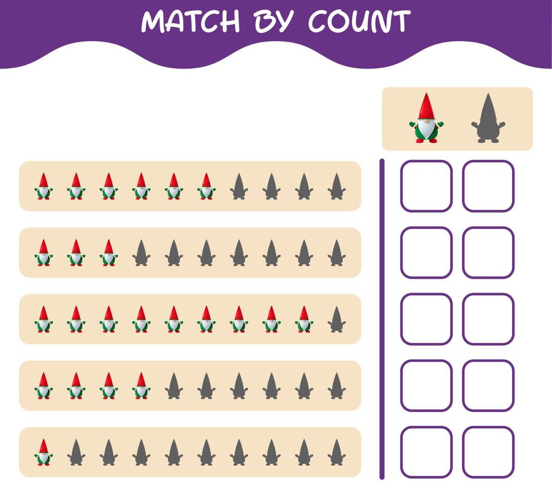 Match by count of cartoon gnome. Match and count game. Educational game for pre shool years kids and toddlers vector