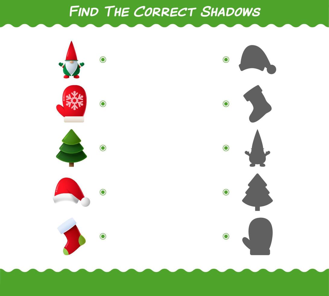 encuentra las sombras correctas de la navidad de dibujos animados. juego de búsqueda y combinación. juego educativo para niños y niños pequeños en edad preescolar vector