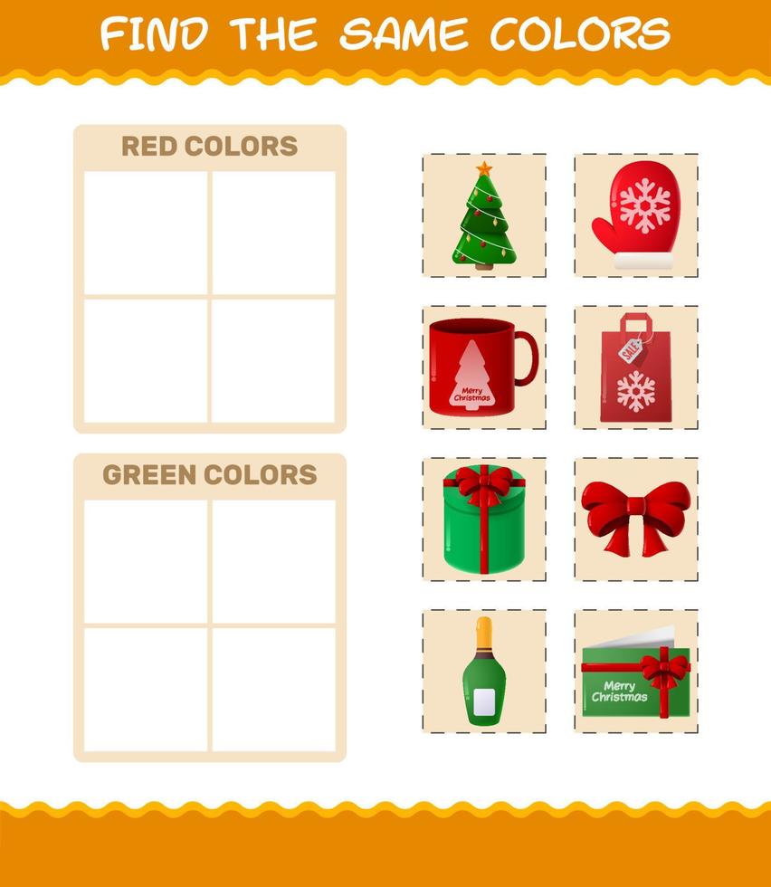 encontrar los mismos colores de navidad. juego de búsqueda y combinación. juego educativo para niños de edad preescolar y niños pequeños vector