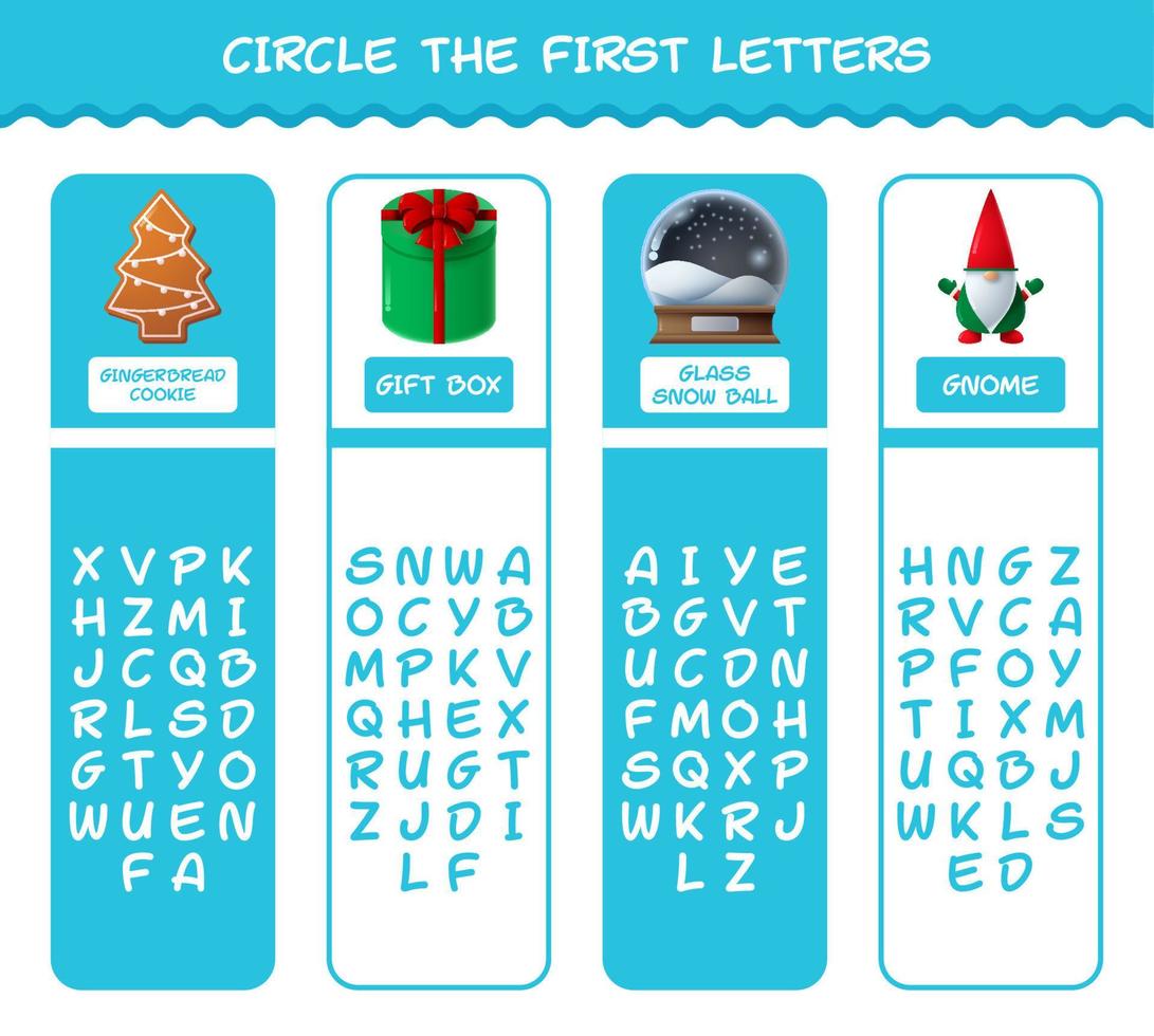 encierra en un círculo las primeras letras de dibujos animados de navidad. juego de correspondencias. juego educativo para niños y niños pequeños en edad preescolar vector