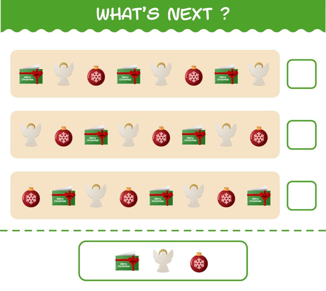 What's comes next educational game of cartoon christmas. Find the regularity and continue the row task. Educational game for pre shool years kids and toddlers vector