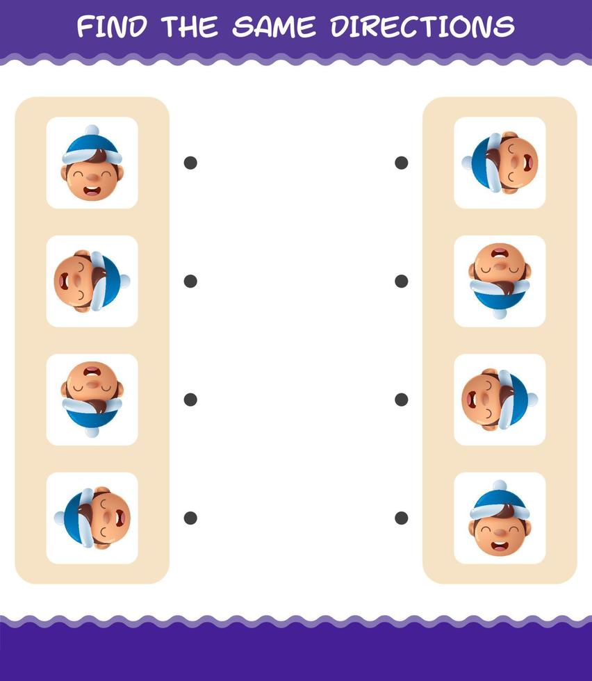 Match the same directions of boys. Matching game. Educational game for pre shool years kids and toddlers vector