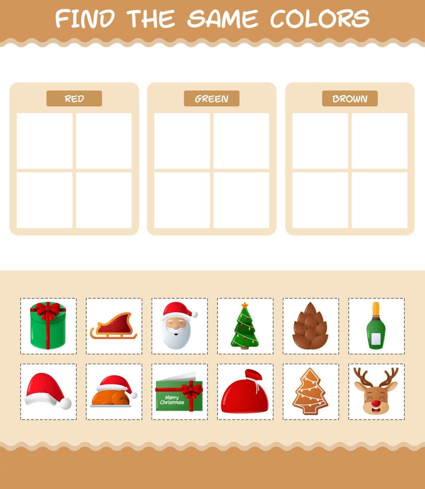 encontrar los mismos colores de navidad. juego de búsqueda y combinación. juego educativo para niños de edad preescolar y niños pequeños vector