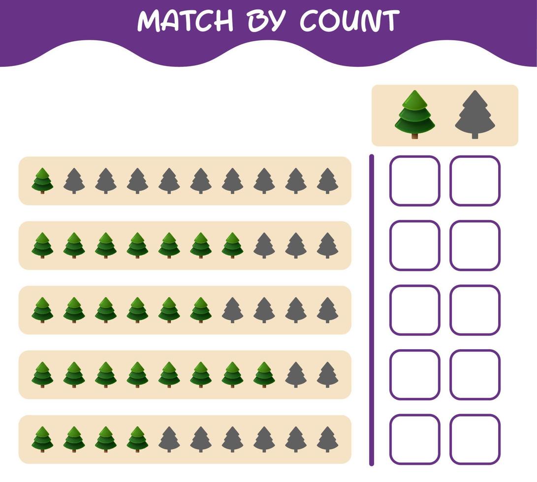 Match by count of cartoon pine tree. Match and count game. Educational game for pre shool years kids and toddlers vector