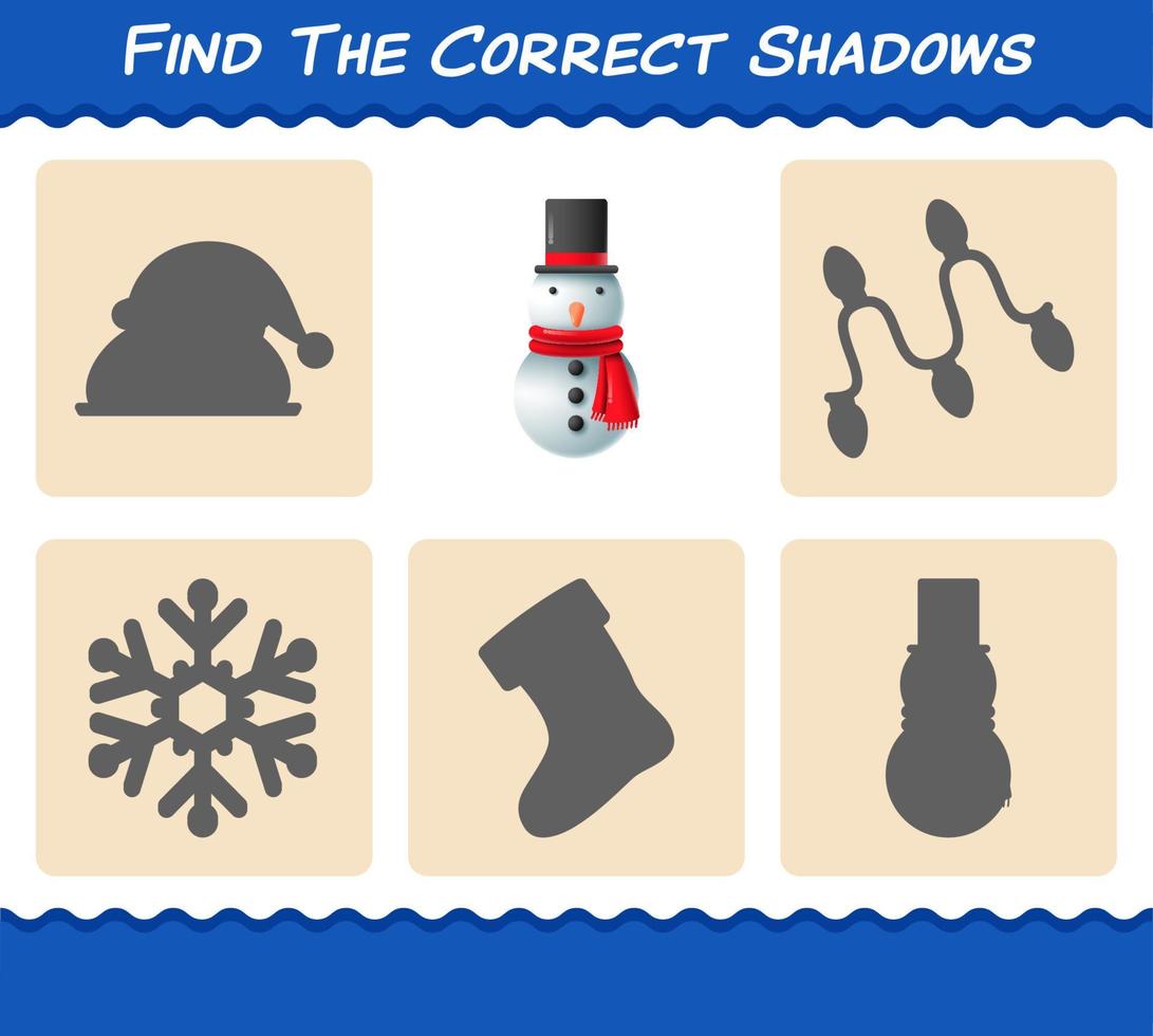 Find the correct shadows of snowman. Searching and Matching game. Educational game for pre shool years kids and toddlers vector
