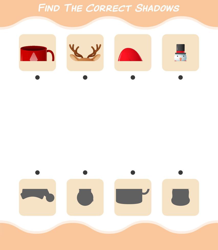 Find the correct shadows of cartoon christmas. Searching and Matching game. Educational game for pre shool years kids and toddlers vector