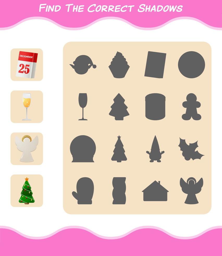Find the correct shadows of cartoon christmas. Searching and Matching game. Educational game for pre shool years kids and toddlers vector