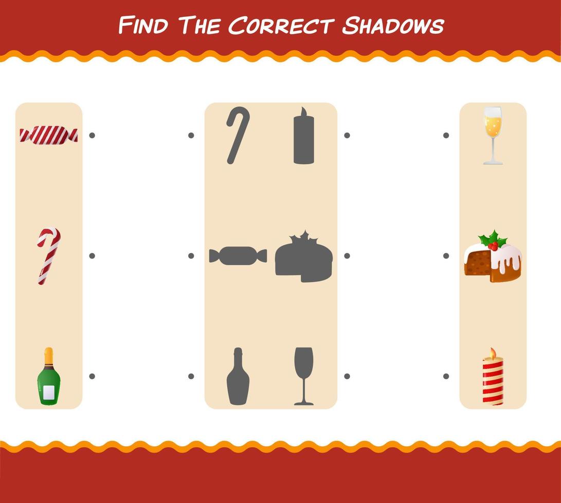 Find the correct shadows of cartoon christmas. Searching and Matching game. Educational game for pre shool years kids and toddlers vector