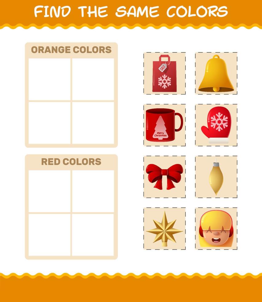 encontrar los mismos colores de navidad. juego de búsqueda y combinación. juego educativo para niños de edad preescolar y niños pequeños vector