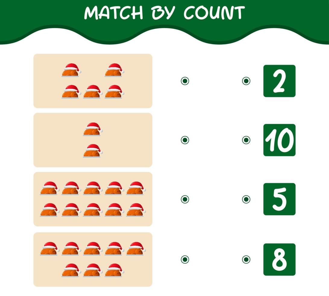 Match by count of cartoon turkey. Match and count game. Educational game for pre shool years kids and toddlers vector