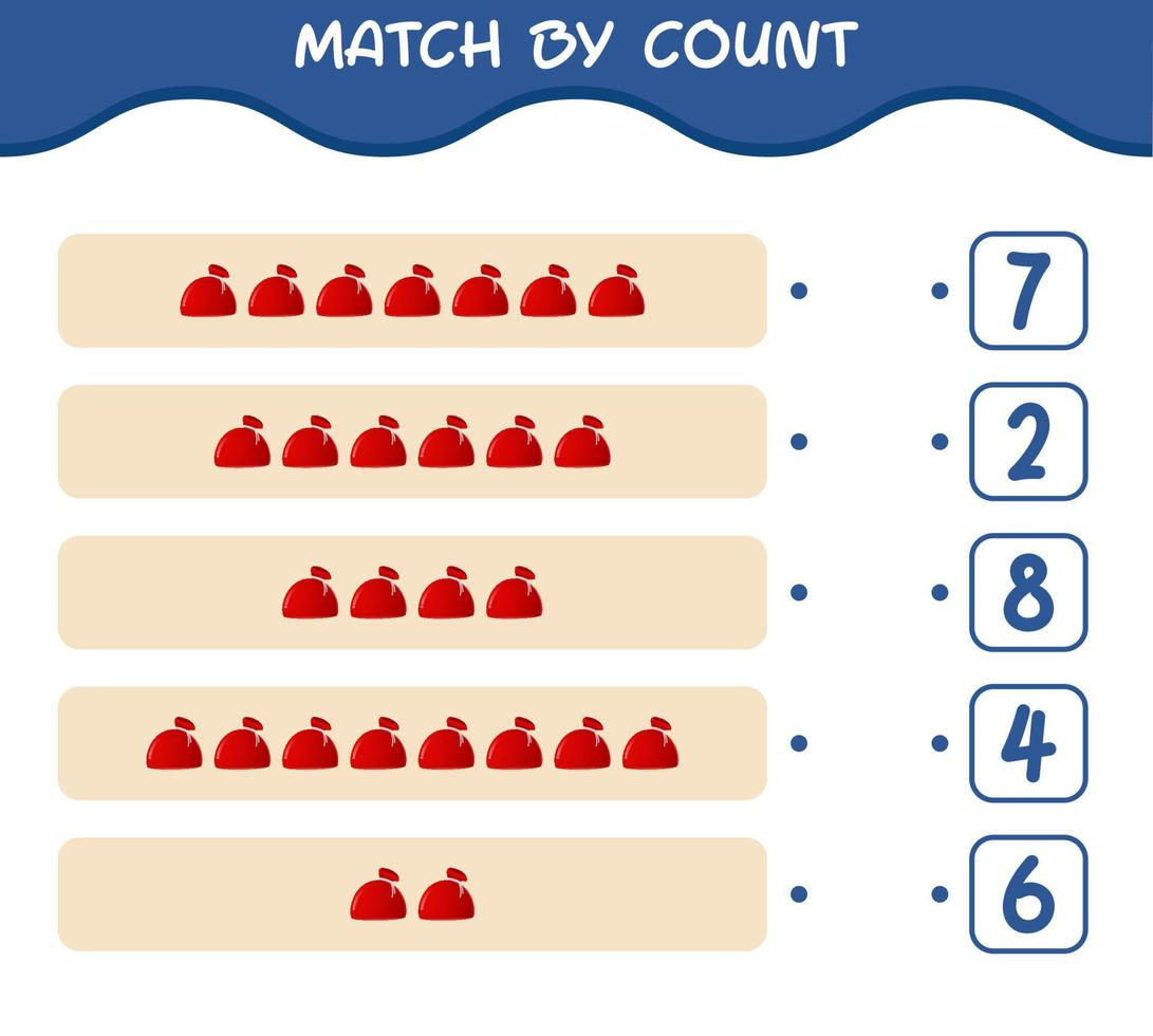 Match by count of cartoon santa bag. Match and count game. Educational game for pre shool years kids and toddlers vector