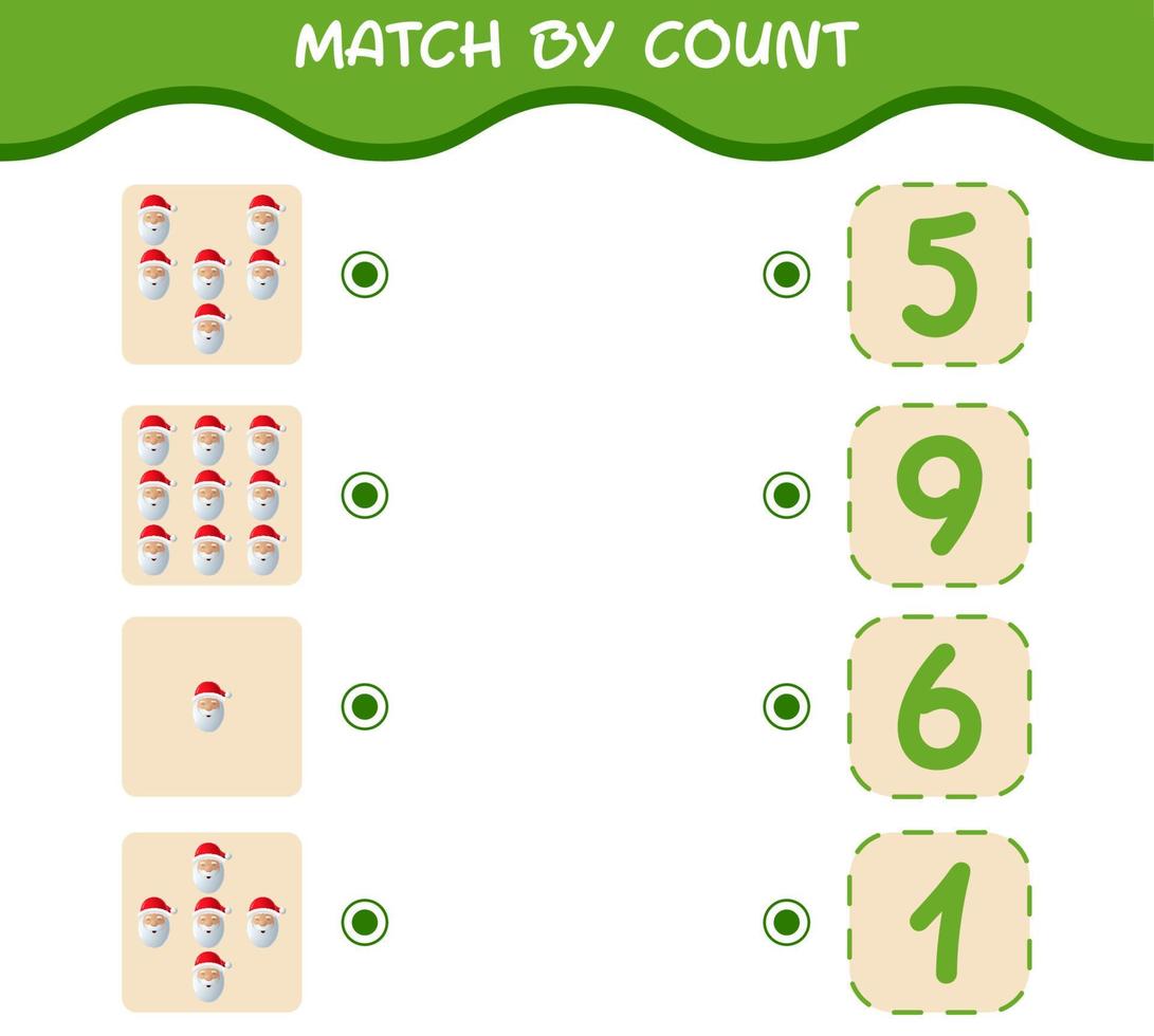 Match by count of cartoon santa claus. Match and count game. Educational game for pre shool years kids and toddlers vector