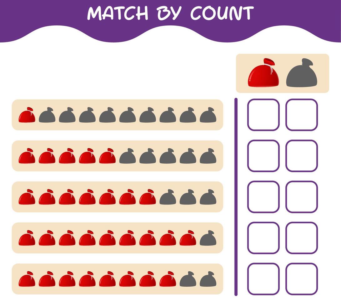 Match by count of cartoon santa bag. Match and count game. Educational game for pre shool years kids and toddlers vector