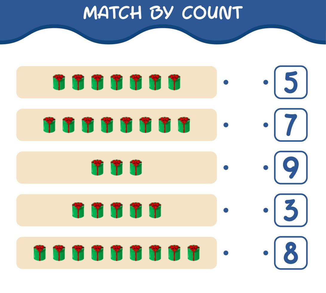 Match by count of cartoon gift box. Match and count game. Educational game for pre shool years kids and toddlers vector