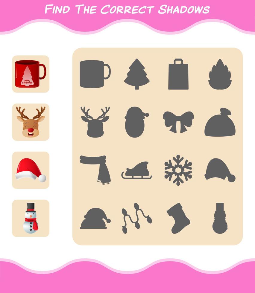 Find the correct shadows of cartoon christmas. Searching and Matching game. Educational game for pre shool years kids and toddlers vector