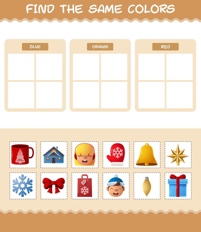 encontrar los mismos colores de navidad. juego de búsqueda y combinación. juego educativo para niños de edad preescolar y niños pequeños vector