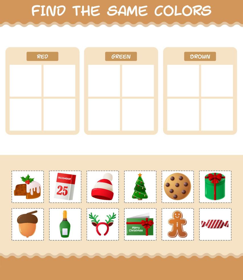 Find the same colors of christmas. Searching and Matching game. Educational game for pre shool years kids and toddlers vector