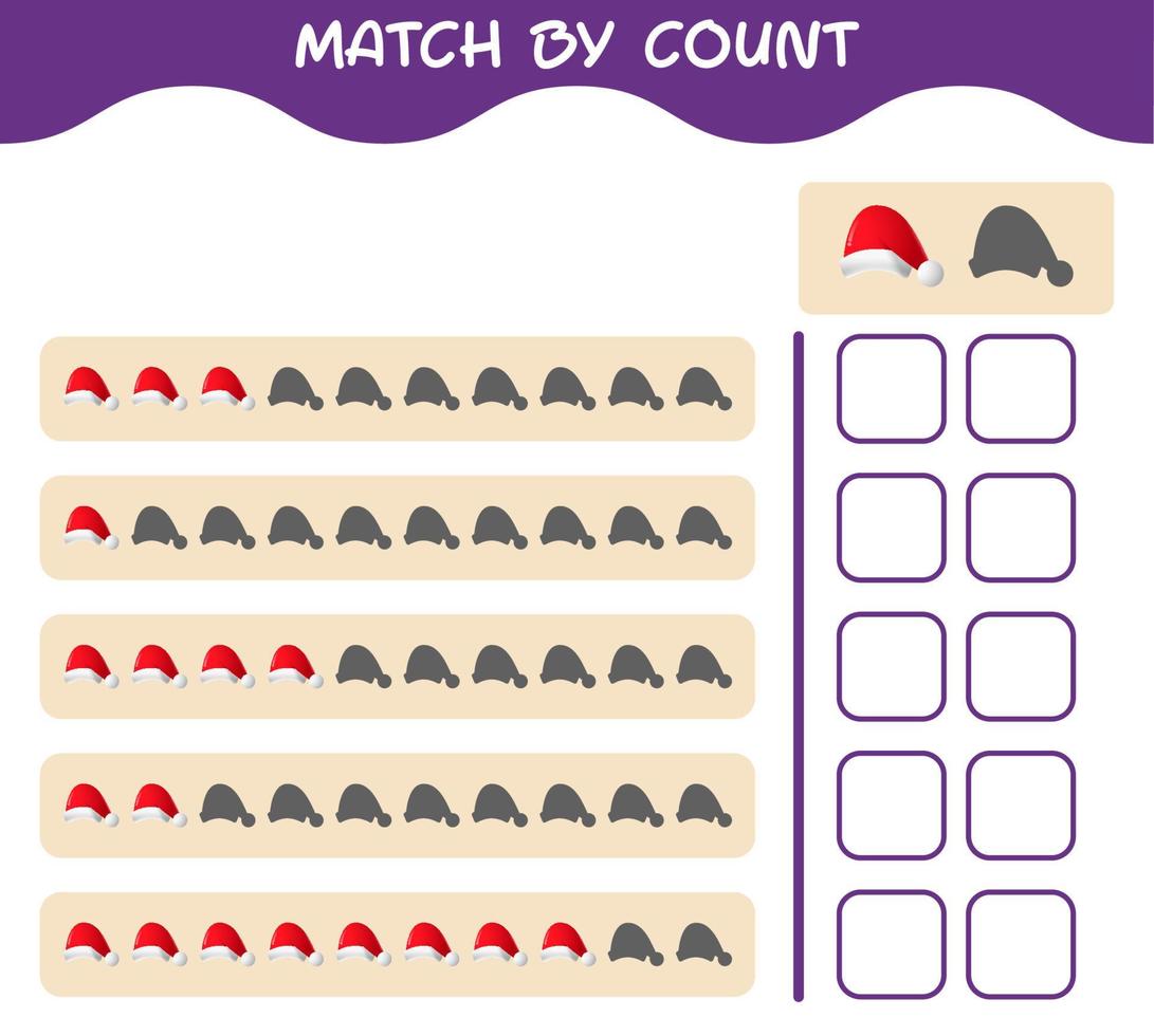 Match by count of cartoon santa hat. Match and count game. Educational game for pre shool years kids and toddlers vector