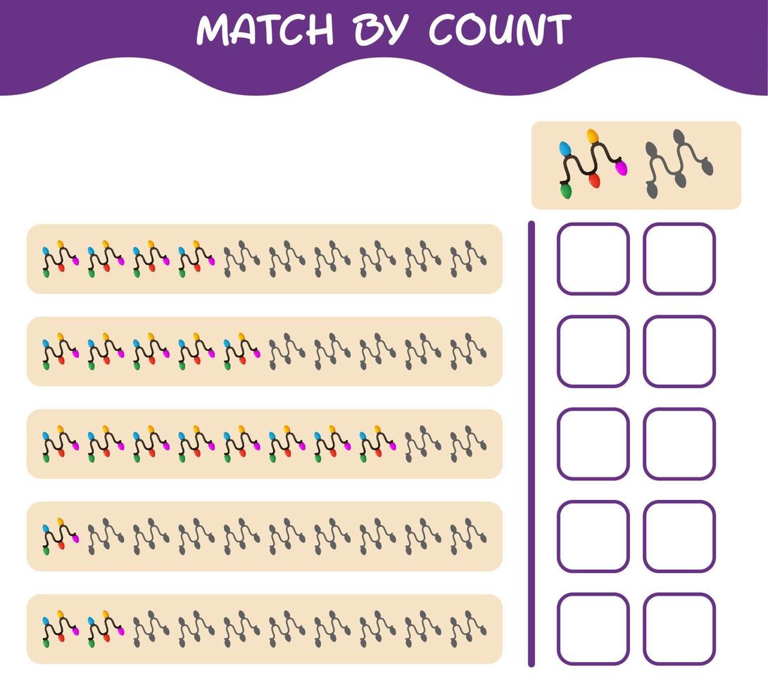 Match by count of cartoon string light. Match and count game. Educational game for pre shool years kids and toddlers vector