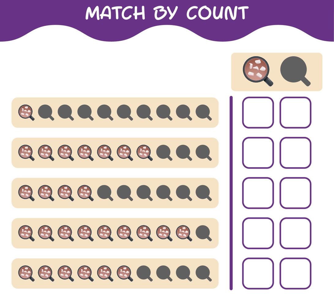 Match by count of cartoon hot chocolate. Match and count game. Educational game for pre shool years kids and toddlers vector