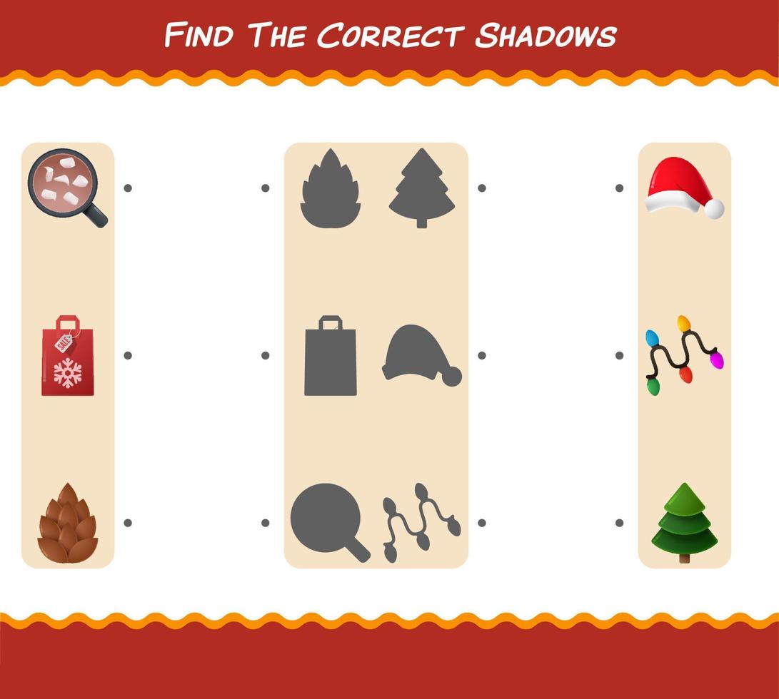 Find the correct shadows of cartoon christmas. Searching and Matching game. Educational game for pre shool years kids and toddlers vector