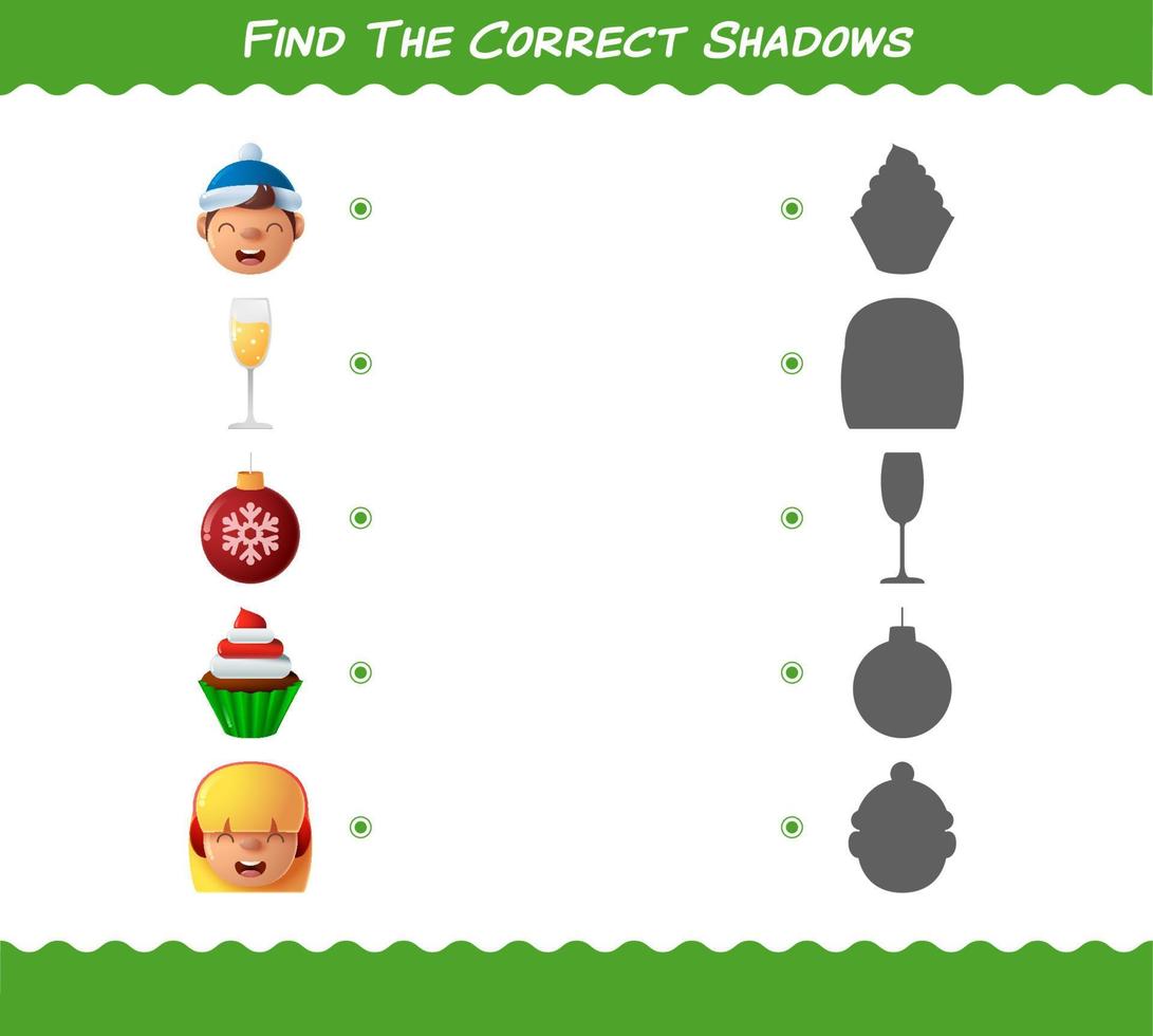 encuentra las sombras correctas de la navidad de dibujos animados. juego de búsqueda y combinación. juego educativo para niños y niños pequeños en edad preescolar vector