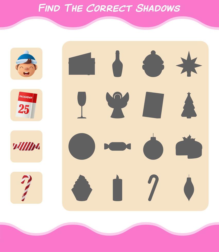 Find the correct shadows of cartoon christmas. Searching and Matching game. Educational game for pre shool years kids and toddlers vector