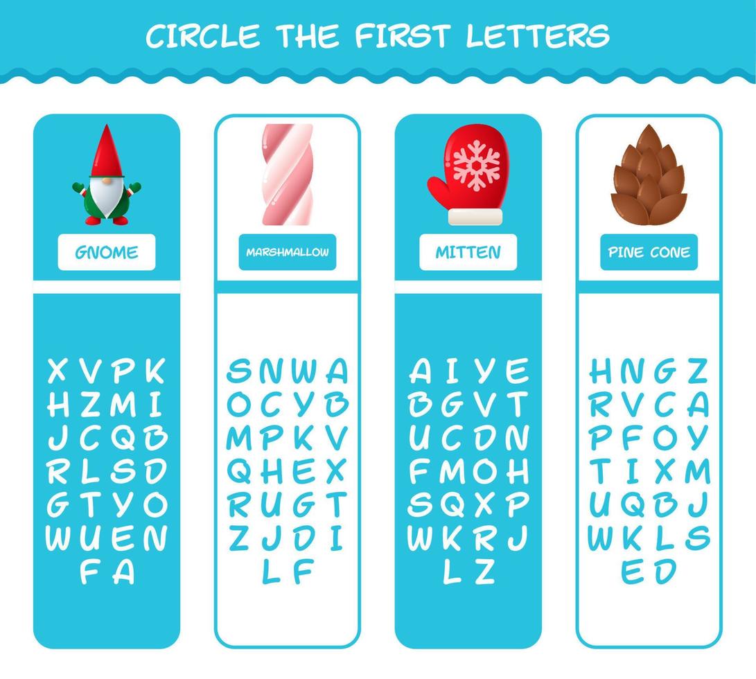 Circle the first letters of cartoon christmas. Matching game. Educational game for pre shool years kids and toddlers vector
