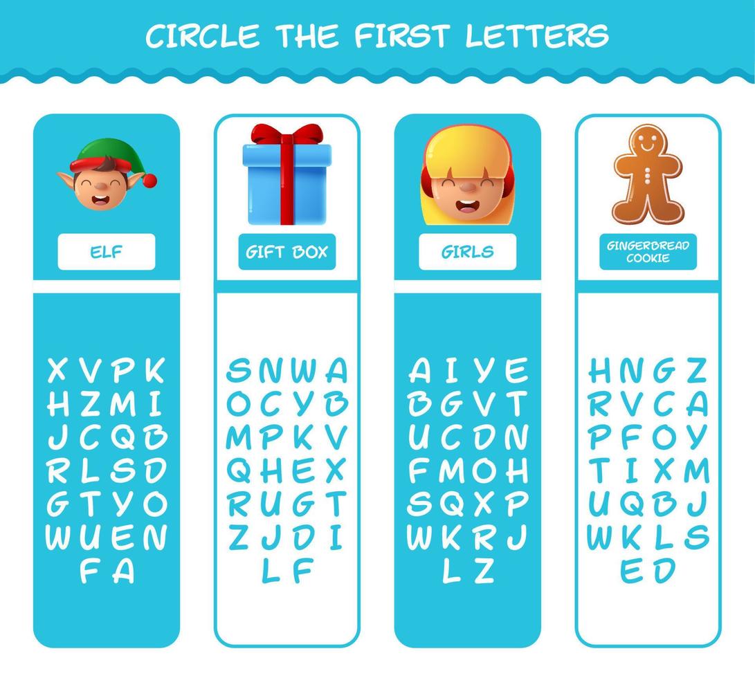 Circle the first letters of cartoon christmas. Matching game. Educational game for pre shool years kids and toddlers vector