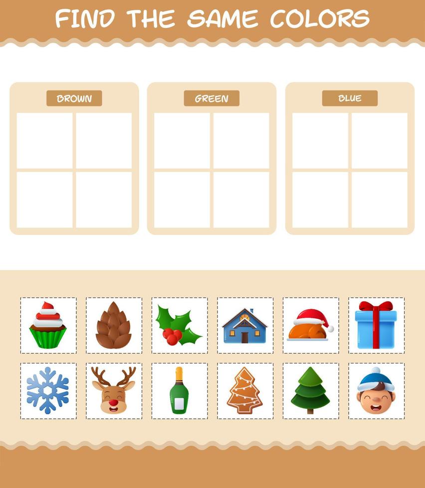 encontrar los mismos colores de navidad. juego de búsqueda y combinación. juego educativo para niños de edad preescolar y niños pequeños vector