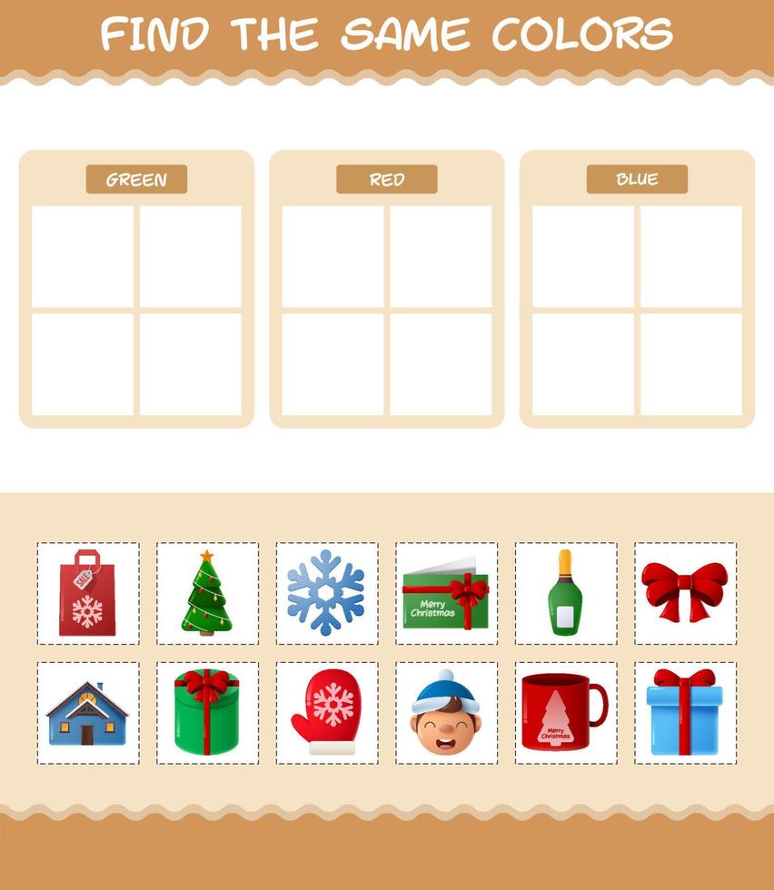 encontrar los mismos colores de navidad. juego de búsqueda y combinación. juego educativo para niños de edad preescolar y niños pequeños vector