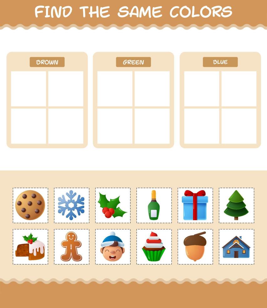 encontrar los mismos colores de navidad. juego de búsqueda y combinación. juego educativo para niños de edad preescolar y niños pequeños vector