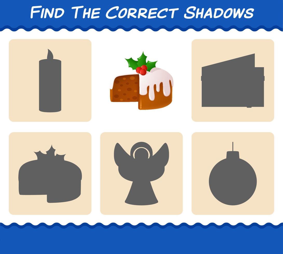 Find the correct shadows of christmas cake. Searching and Matching game. Educational game for pre shool years kids and toddlers vector