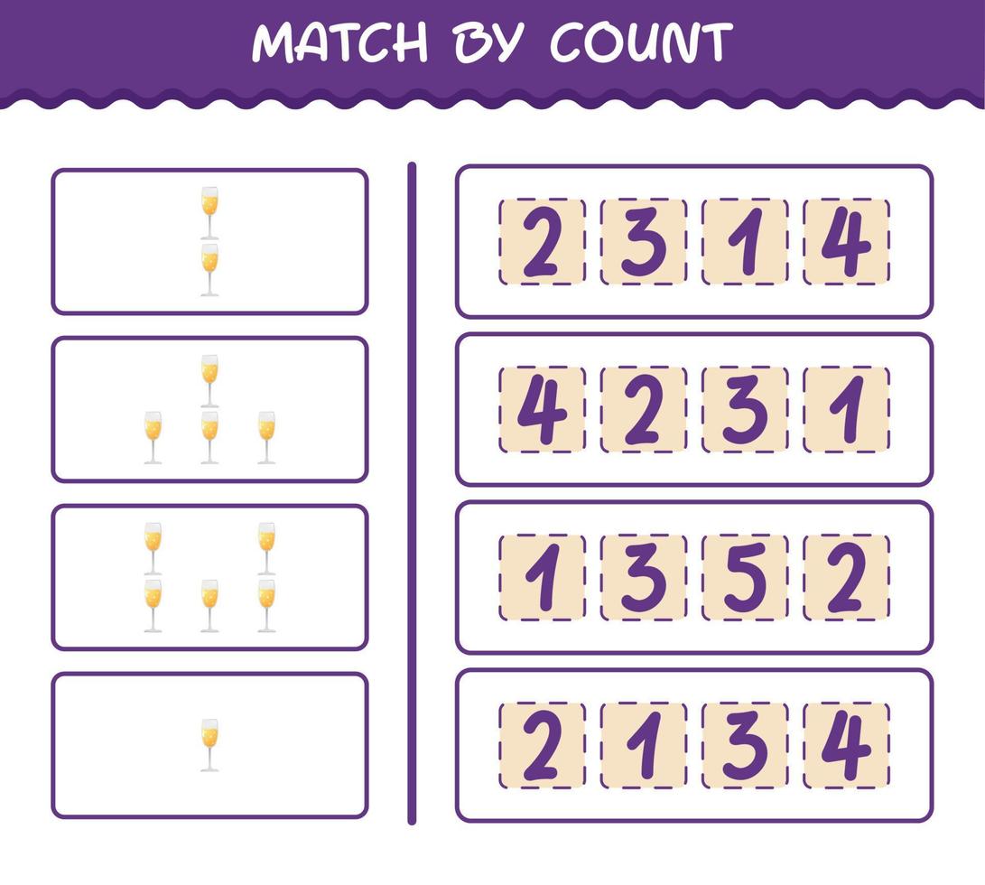Match by count of cartoon champagne glass. Match and count game. Educational game for pre shool years kids and toddlers vector