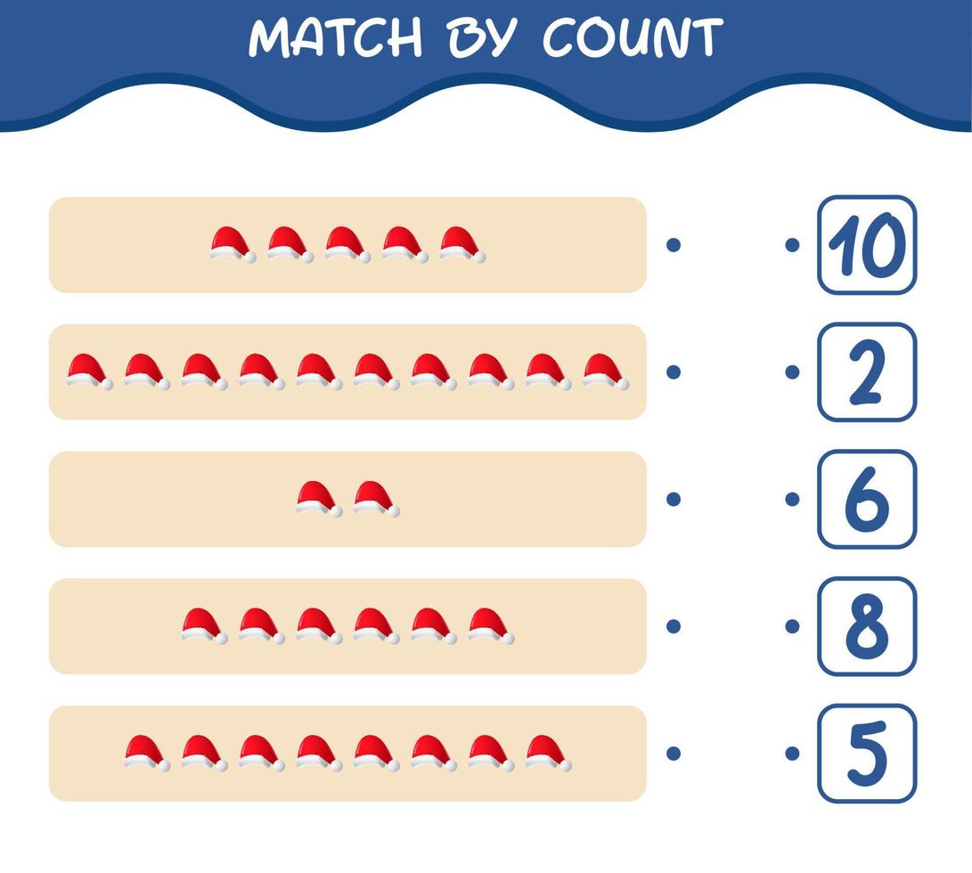 Match by count of cartoon santa hat. Match and count game. Educational game for pre shool years kids and toddlers vector