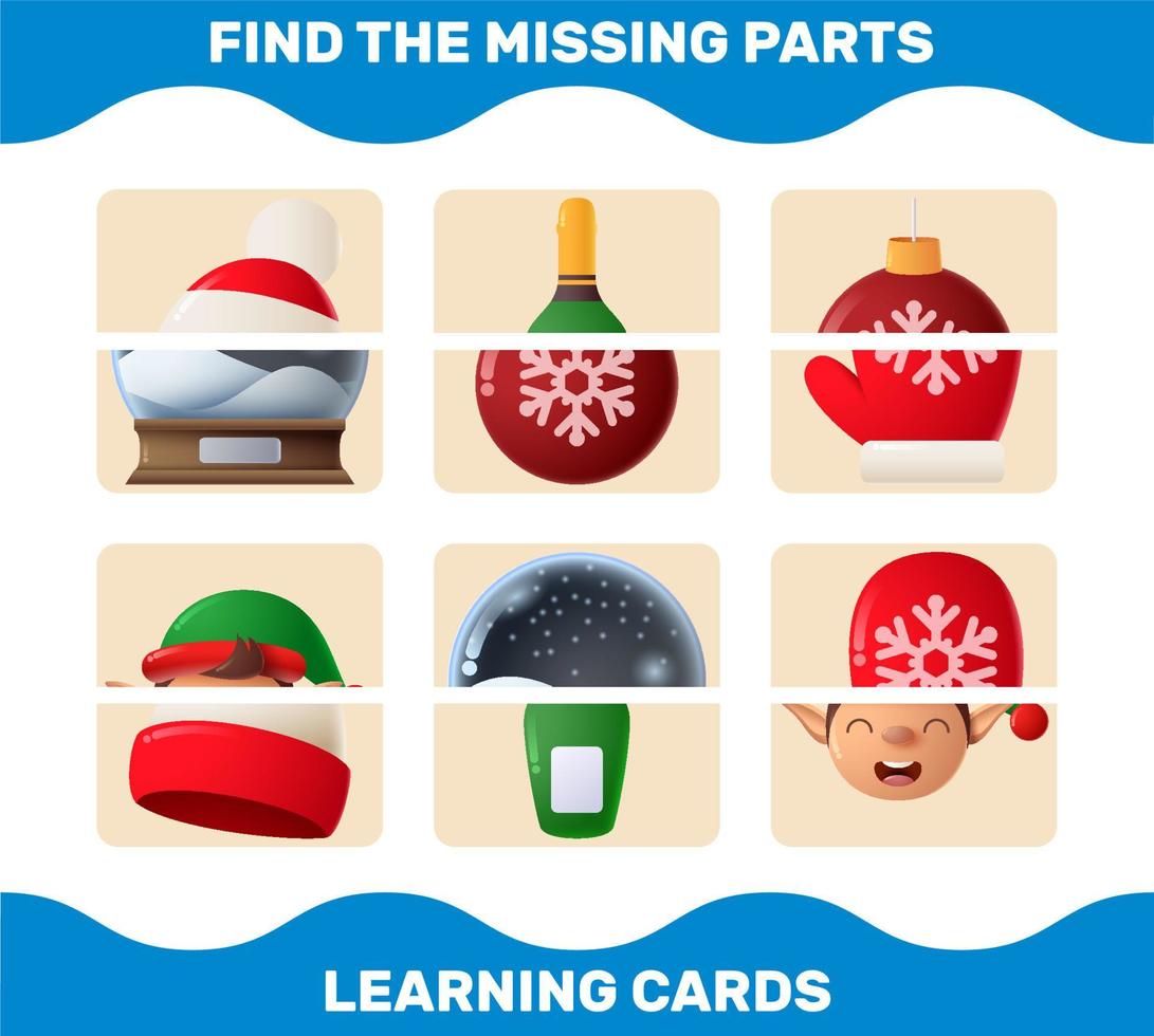 Match cartoon christmas parts. Matching game. Educational game for pre shool years kids and toddlers vector