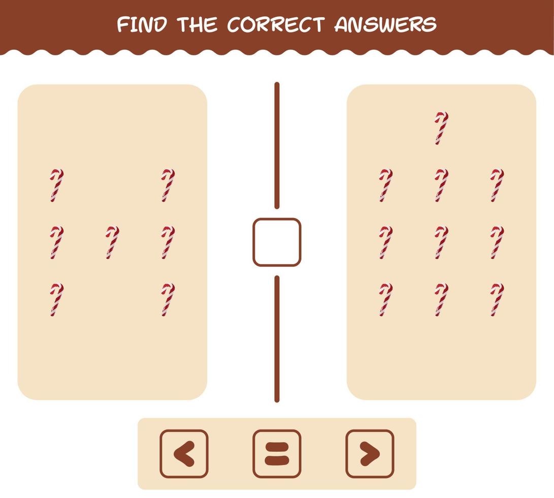 encuentra las respuestas correctas del bastón de caramelo de dibujos animados. Juego de buscar y contar. juego educativo para niños de edad preescolar y niños pequeños vector